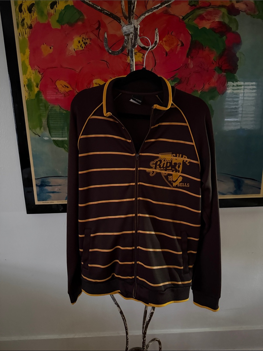 Rip Curl Brown Zip-Up Sweater Jacket with Yellow Stripes